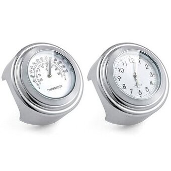 Chromované moto hodinky a teploměr na řídítka.