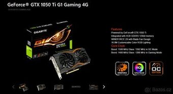 Prodám Gigabyte GF GTX 1050 Ti 4GB (GV-N105TG1 GAMING-4GD)