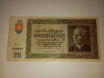 VZÁCNÁ BANKOVKA 20 SK, 1939, NÍZKÁ SÉRIE, NEPERFOROVANÁ