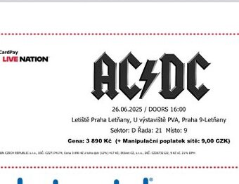 Prodám 1 vstupenku na koncert ACDC