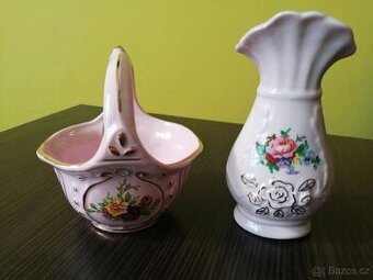 Růžový porcelán košík a váza