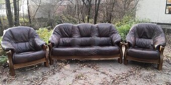 Kožená sedací souprava 3+1+1 s masivním dřevem TOP STAV