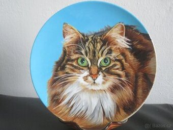 kočka - ruční malba-olejomalba na keramickém talíři