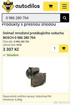 Hmotnostní průtokoměr vzduchu BOSCH 0 986 280 704