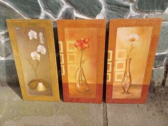 Soubor 3 malovaných obrazů - Květiny ve váze
