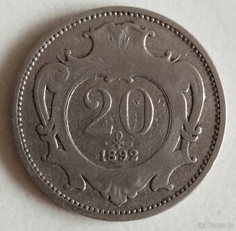 Mince - vzácná - 20 Haléř 1892 