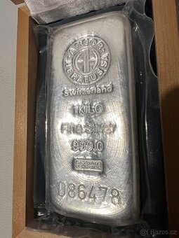 1 Kg Ag Stříbrný slitek Argor-Heraeus s dřevěnou etuí