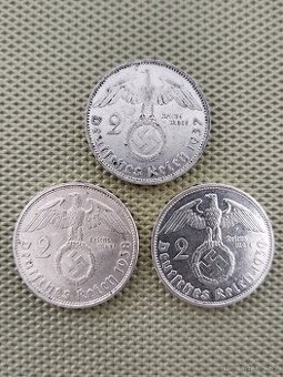 stříbrná mince 2 Mark svastika, 3ks, r.1937+1938+1939