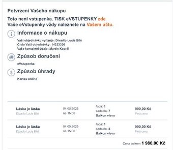 Láska Je Láska - Vstupenky