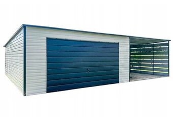 Plechova garáž 4x6m + přístřešek 4m - výklopná vrata - dveře