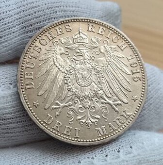 Stříbrná mince Drei Mark 1915 G Top stav