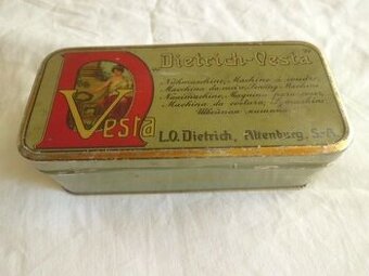 Raritní Starožitná plech Krabička Šicí Stroj Vesta Dietrich