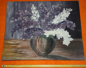 Obraz zátiší s vázou šeříků, olej (tempera) karton38 x44,5