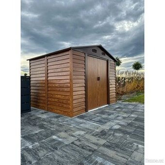 Zahradní domek na nářadí - kovový - imitace dřeva - nový