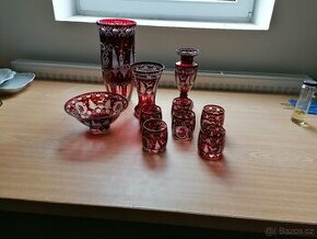 Egermann, červená lazura, Váza, mísa, kalíšky atd