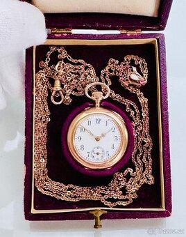 14K CELO ZLATÉ KAPESNÍ HODINKY S MONOGRAMEM V ETUI S ŘETIZKE