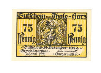 Nouzová bankovka 75 Pfennig 1921, Thale am Harz
