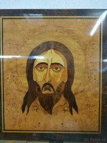 Starý vykládaný dřevěný obraz (Ježíš)