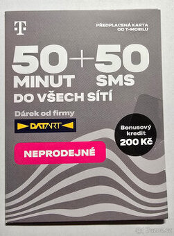 Předplacená karta T-mobile 200kč kredit, 50 minut