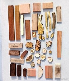 Přířezy okrasných dřevin na výrobu dřevěných šperků.