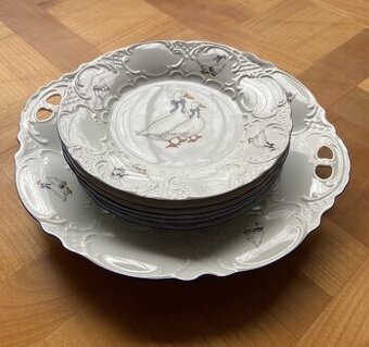 7 dílná nová porcelánová koláčová souprava husy