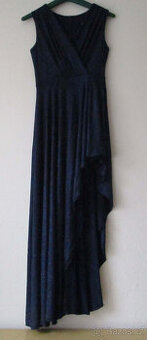 Dámské dlouhé společenské šaty tmavomodré asymetrické S 36