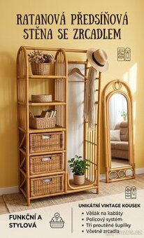 Stylová ratanová předsíňová stěna se zrcadlem
