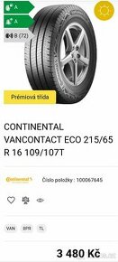 Prodám letní pneu Continental VanContact Eco 215/65 R16C