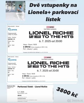 LIONEL RICHIE, Praha 6.7., 2 vstupenky+parkovné