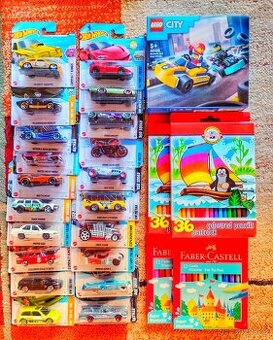 20x hot wheels autíčka, Lego City, pastelky, fixy