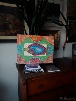 Rodina u Štědrovečerního stolu s  kaprem na  Modro.