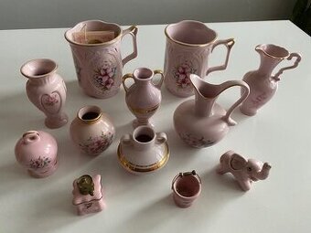 2 hrnky Thun a miniatury z růžového porcelánu