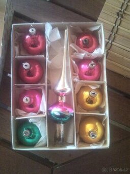 VÁNOČNÍ SKLENĚNÉ  OZDOBY retro SADA SE ŠPICÍ