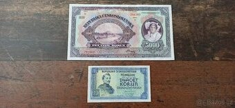 Bankovky a státovky 5000 Kč 1920, 20 Kčs 1945.