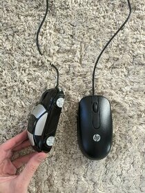 HP drátová myš a myš ve tvaru auta
