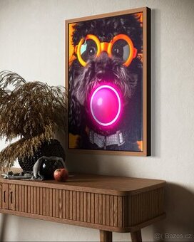 Stylový obraz s LED neonem – pes s brýlemi, 40×60 cm