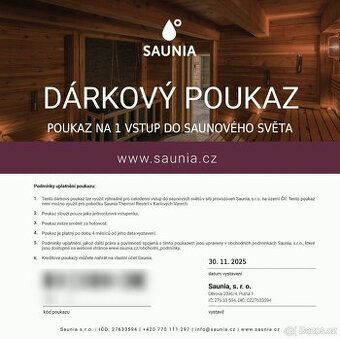 SAUNIA: Poukazy na celodenní vstup - platí po celé ČR - 8 ks