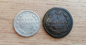 Rusko mince 1860 stříbro a 1828 měď Alexandr II. a Mikuláš I