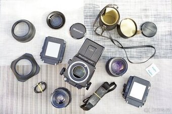 Středoformát Mamiya RB67 Pro S, Sekor 90mm + 180mm, 2x zásob