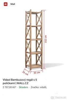 Starší kvalitní Bambusový regál 152x35x35 cm. Cena za kus.