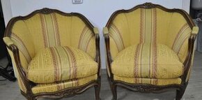 Starožitná dřevěná čalouněná souprava,pohovka a 2 křesla