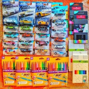 21x hot wheels autíčka, pastelky, fixy
