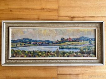 Obraz Ves za rybníkem, olej na desce 35x80