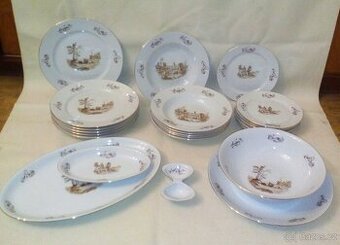 jídelní sada talířů, vzor- zátiší u kostelíku, zlacený okraj