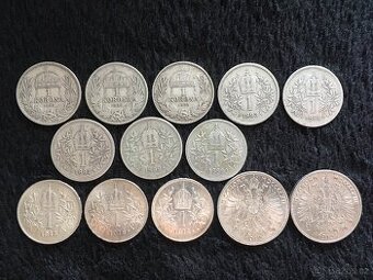 13 kusů 1 a 2 korun Rakousko Uhersko, každá mince jiná