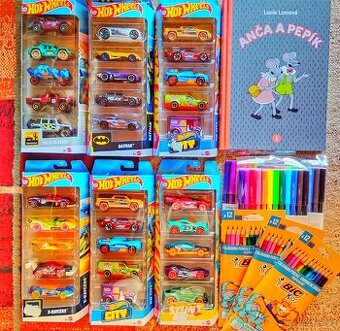 30x hot wheels autíčka, Anča a Pepík, pastelky