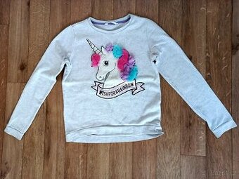 Světle šédá mikina H§M, 3D jednorožec 10-12 let