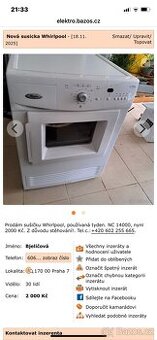 Prodám zánovní kondenzační sušičku Whirlpool