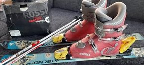 Dětské lyže 95cm, hůlky, helma, brýle, 2x boty