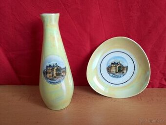 STARÁ PORCELÁNOVÁ VÁZIČKA  A MISKA  S OBRÁZKEM PARDUBICE